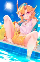 1girl absurdres ball bare_legs barefoot beachball bird_tail black_nails blonde_hair blue_eyes blue_sky cloud collarbone commentary day diving_mask diving_mask_on_head dokibird_(vtuber) dokibird_(vtuber)_(summer) dragoon_(dokibird) ear_piercing earclip english_commentary fangs fangs_out feet goggles goggles_on_head heterochromia highres indie_virtual_youtuber jewelry lens_flare long_hair long_pointy_ears looking_at_viewer low_ponytail midriff nail_polish navel official_alternate_costume outdoors pendant piercing pointy_ears ponytail pool red_eyes ricegnat ringed_eyes shirt shorts single_bare_shoulder single_off_shoulder sitting skin_fangs sky smile snorkel snorkel_mask solo sun tail tied_shirt tiles toenail_polish toenails toes virtual_youtuber water white_shirt yellow_shorts