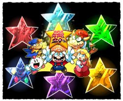 1girl 6+boys anniversary axem_black axem_green axem_pink axem_red axem_yellow black_background blonde_hair blue_eyes blush blush_stickers booster_(super_mario_rpg) boots boshi_(super_mario_rpg) bowser bowyer brown_hair cape character_request copyright_name croco_(super_mario_rpg) crown culex dress earrings elbow_gloves exor facial_hair frogfucius geno_(mario) gloves happy hat highres horns jewelry jinx_(super_mario_rpg) johnny_(super_mario_rpg) long_hair long_sleeves mack mallow_(mario) mario mario_(series) multiple_boys mustache nintendo open_mouth overalls pink_dress princess princess_peach puffy_short_sleeves puffy_sleeves punchinello rariatto_(ganguri) red_hair short_hair short_sleeves smile smithy spikes star_(symbol) super_mario_rpg toad_(mario) toadofsky white_gloves yaridovich
