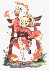 1girl blonde_hair blunt_bangs eyelashes full_body highres holding holding_paddle japanese_clothes kimono long_hair long_sleeves looking_at_viewer mwm5 no_panties obi open_mouth paddle red_kimono sash sleeves_past_fingers sleeves_past_wrists socks solo tor_leleni torii white_socks wide_sleeves world_flipper
