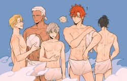 5boys ashe_ubert back black_hair blonde_hair brown_eyes convenient_censoring dark-skinned_male dark_skin dedue_molinaro dimitri_alexandre_blaiddyd felix_hugo_fraldarius fire_emblem fire_emblem:_three_houses green_eyes green_hair katsura_(guiyuy) male_focus multiple_boys muscular muscular_male nintendo red_hair steam sylvain_jose_gautier towel towel_around_waist wet white_hair yaoi