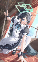 1girl absurdly_long_hair absurdres apron aqua_halo aris_(blue_archive) aris_(maid)_(blue_archive) arm_support black_dress black_hair blue_archive blue_eyes dress hallway halo highres holding holding_mop long_hair looking_at_viewer maid_apron maid_headdress mary_janes mop norimori official_alternate_costume official_alternate_hairstyle open_mouth ponytail shoes short_sleeves solo teeth thighhighs upper_teeth_only very_long_hair white_apron white_thighhighs