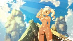 1girl aduare animated arm_behind_back arm_up barbara_(genshin_impact) barbara_(summertime_sparkle)_(genshin_impact) bare_shoulders bikini_tan blonde_hair blue_eyes cleft_of_venus completely_nude cowboy_shot day female_pubic_hair genshin_impact hat light_rays looping_animation nude outdoors pixel_art pubic_hair sailor_hat shading_eyes solo sunbeam sunlight tan tanline thigh_strap twintails white_hat wind