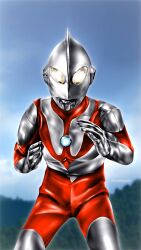 Rule 34 | 1boy, alien, blue sky, blurry, blurry background, collarbone, color timer, colored skin, commentary, compound eyes, cowboy shot, day, dorsal fin, fighting stance, giant, glowing, glowing eyes, hands up, hanejidyna86, highres, legs apart, looking at viewer, male focus, mountainous horizon, multicolored skin, open hands, outdoors, pectorals, red skin, silver skin, sky, solo, standing, tokusatsu, twitter username, ultra series, ultraman, ultraman (1st series), white eyes, wrinkled skin