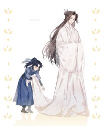 2boys absurdres age_difference black_eyes black_hair boots brown_eyes brown_footwear brown_hair chinese_clothes chu_wanning colored_shadow erha_he_tadebai_mao_shizun expressionless hair_bun hair_ornament hair_ribbon hairpin hands_in_opposite_sleeves high_ponytail highres holding holding_unworn_clothes long_hair long_sleeves looking_down masyanajoy mo_ran multiple_boys patterned ponytail ribbon shadow simple_background tassel twitter_username white_background