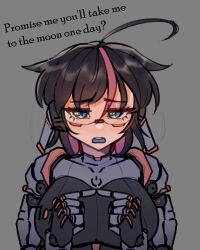 Rule 34 | 1girl, ahoge, animal ears, armor, black hair, blue eyes, breasts, cat ears, ear wiggle, english text, headphones, index fingers together, joints, large breasts, medium hair, multicolored hair, original, pink hair, pleading eyes, power symbol, robot ears, robot girl, robot joints, solo focus, talking to the viewer, upper body, warl granada