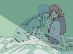 2girls barefoot blue_hair blush closed_eyes closed_mouth codeyamada dress fang green_dress grey_shirt highres hinomori_shizuku long_hair looking_at_another momoi_airi multiple_girls open_mouth pink_hair project_sekai shade shirt sweatdrop toes yuri