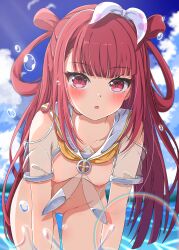 1girl :o absurdres beatmania_iidx bemani blue_sky blunt_bangs blush breasts cloud cloudy_sky collarbone commentary day highres leaning_forward lida_vv long_hair looking_at_viewer nipples one_side_up outdoors parted_lips red_eyes red_hair sailor_collar see-through_clothes sky sleeveless small_breasts solo umegiri_ameto very_long_hair water water_drop wet wet_clothes