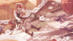1girl animal_ears basket boots brown_boots brown_dress brown_hair cat_ears commission cup dress final_fantasy final_fantasy_xiv flower fork headdress holding holding_cup knife layered_dress mini_person minigirl miqo&#039;te one_eye_closed original shoe_soles shoes short_hair_with_long_locks solo tail thigh_strap umehara_sei watermark white_dress white_flower white_headdress