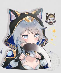 1girl :3 absurdres animal_ears black_gloves blue_eyes breasts cat_ears cat_tail chibi cipher_(honkai:_star_rail) cleavage fingerless_gloves flaw_(4lmnis) gloves grey_background grey_hair highres honkai:_star_rail honkai_(series) mole multiple_views tail upper_body