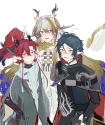 3girls absurdres arknights black_hair blonde_hair brother_and_sister brothers chinese_commentary colored_extremities commentary_request dai_dao_yanshuo_jia dragon_girl dragon_horns family grey_eyes grey_hair hair_between_eyes hair_intakes hand_on_own_hip highres horns jewelry long_hair multicolored_hair multiple_girls necklace open_mouth parted_bangs parted_lips pointy_ears purple_hair red_hair short_hair shu_(arknights) siblings simple_background sketch smile sweatdrop white_background yu_(arknights) zuo_le_(arknights)
