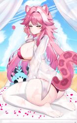 Rule 34 | 1girl, absurdres, animal ears, ass, beach, bikini, blue sky, blush, breasts, chattino (raora panthera), closed mouth, commentary, curtains, day, english commentary, hair intakes, hand in own hair, highres, hololive, hololive english, huge breasts, long hair, long sleeves, multicolored hair, ocean, panther ears, panther girl, panther tail, pink bikini, pink hair, raora panthera, revision, sand, seiza, shirt, sitting, sky, streaked hair, swimsuit, sylix44, tail, thighhighs, thighs, twisted torso, virtual youtuber, white shirt, white thighhighs, yellow eyes