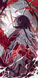 1boy absurdres black_hair blood blood_on_face blue_eyes chinese_clothes commentary_request e.g.o_(project_moon) expressionless glowing glowing_eye hanfu highres hong_lu_(project_moon) horn_ornament horn_ring horns impaled limbus_company looking_at_viewer male_focus project_moon shiki_(shikki46) single_horn solo tassel