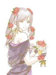 Rule 34 | 1girl, armpit crease, artist request, back, backless dress, backless outfit, bare arms, bare shoulders, bouquet, bracelet, breasts, brown eyes, capelet, cleavage, collarbone, dress, eyelashes, female focus, female robin (fire emblem), female robin (valentine) (fire emblem), fingerless gloves, fingernails, fire emblem, fire emblem awakening, fire emblem heroes, flower, flower bracelet, from behind, gloves, hair flower, hair ornament, halterneck, hands up, happy, highres, holding, holding bouquet, jewelry, long dress, long hair, looking at viewer, looking back, medium breasts, neck, nintendo, official alternate costume, parted lips, rope belt, shoulder blades, sidelocks, sleeveless, sleeveless dress, smile, spaghetti strap, standing, swept bangs, tight clothes, tight dress, turning head, twintails, upper body, white background, white hair