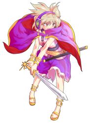 Rule 34 | 1girl, alphes (style), blonde hair, blush, breasts, cape, commentary request, dairi, earmuffs, full body, highres, holding, holding sword, holding weapon, large variant set, legs apart, medium hair, parody, purple skirt, sandals, scabbard, sheath, short hair, skirt, smile, solo, style parody, sword, tachi-e, touhou, toyosatomimi no miko, transparent background, variant set, weapon, yellow sandals