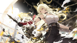 1girl absurdres arm_strap bare_shoulders black_choker black_gloves black_horns black_pants breasts bright_pupils button_gap chinese_commentary chinese_text choker collarbone commentary_request copyright_notice curled_horns earrings gloves grey_hair hair_between_eyes high-waist_pants highres holding holding_sword holding_weapon horns jewelry jiusan_naitang key_earrings large_breasts logo long_hair looking_to_the_side necktie necktie_around_wrists official_art pants parted_lips red_eyes red_necktie shirt shirt_tucked_in solo sword tight_clothes tight_pants torn_clothes torn_shirt weapon white_pupils white_shirt wuthering_waves zani_(wuthering_waves)