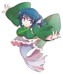 1girl alphes_(style) bent_over blue_hair blush breasts commentary_request dairi drill_hair fins frilled_kimono frills full_body green_kimono hair_between_eyes head_fins japanese_clothes kimono large_variant_set long_sleeves medium_breasts mermaid monster_girl outstretched_arms parody parted_lips purple_eyes short_hair solo style_parody sweatdrop touhou transparent_background variant_set wakasagihime wide_sleeves