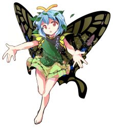 Rule 34 | 1girl, \||/, alphes (style), antennae, aqua hair, barefoot, butterfly wings, commentary request, dairi, double \||/, dress, eternity larva, full body, green dress, insect wings, large variant set, leaf, leaf on head, multicolored dress, outstretched arms, parody, scales, short hair, simple background, skirt, solo, sparkle, spread arms, style parody, tachi-e, touhou, transparent background, variant set, wings