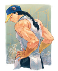 Rule 34 | 1boy, bare shoulders, baseball cap, black hair, black pants, border, braid, bridal gauntlets, chinese clothes, closed mouth, commentary request, cropped legs, hands on own hips, hat, light smile, long hair, looking ahead, male focus, multicolored hat, muscular, muscular male, pants, profile, single braid, sleeveless, solo, street fighter, street fighter iii (series), tangzhuang, white border, yellow bridal gauntlets, yun lee, yuza