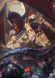 3others absurdres animal_focus banner battle black_scales building burning burning_building castle claws cloud cloudy_sky day deathwing debris destruction dragon dutch_angle fantasy fire from_below giant giant_monster helm helmet highres horns lijianpeng multiple_others on_building outdoors scales shield sky smoke tail tower warcraft western_dragon wings world_of_warcraft