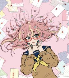 1girl \||/ blonde_streaks blue_eyes blue_nails blue_sailor_collar brown_sweater closed_mouth commentary dreamin_chuchu_(vocaloid) envelope fingernails hair_ornament hair_spread_out heart heart_hair_ornament highres letter light_blush long_sleeves looking_to_the_side love_letter lying medium_hair megurine_luka multicolored_hair nail_polish neckerchief nonsense_envy on_back pink_background pink_hair pursed_lips red_lips sailor_collar school_uniform semi-rimless_eyewear simple_background solo star_(symbol) star_hair_ornament streaked_hair sweater too_many two-tone_hair under-rim_eyewear upper_body vocaloid winter_uniform yellow_neckerchief