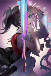 Rule 34 | 1girl, ame-chan (needy girl overdose), artist name, black hair, black skirt, blonde hair, blue eyes, blue hair, blue serafuku, blue shirt, blue skirt, bow, chouzetsusaikawa tenshi-chan, commentary request, dual persona, gradient background, hair bow, highres, jpdjs, liquid, long sleeves, looking at viewer, multicolored hair, needy girl overdose, open mouth, pink hair, polish text, pouring, purple background, red shirt, school uniform, serafuku, shirt, short sleeves, signature, skirt, smile, split theme, twintails, yellow background