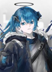 Rule 34 | 1girl, absurdres, arknights, arknights yuu12, belt, black belt, black halo, black horns, black jacket, blue eyes, blue hair, closed mouth, commentary, demon horns, expressionless, fur-trimmed hood, fur trim, grey shirt, hair between eyes, halo, highres, hood, horns, jacket, looking at viewer, medium hair, mostima (arknights), open clothes, open jacket, shirt, side ponytail, sidelocks, single sidelock, solo, traditional halo, upper body