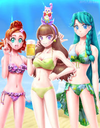 3girls amanogawa_kirara animal animal_on_head aroma_(go!_princess_precure) artist_name bikini bird bird_on_head blue_eyes blue_hair brown_hair dated go!_princess_precure hand_on_own_hip haruno_haruka highres kaidou_minami kodomo_beer long_hair multiple_girls on_head precure purple_eyes sasaji short_hair smile standing swimsuit