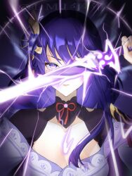1girl armor artist_name blue_pupils blunt_bangs blurry breasts chinese_commentary cleavage closed_mouth clothing_cutout collarbone depth_of_field electricity fan_hair_ornament flower genshin_impact glowing glowing_eyes hair_between_eyes hair_flower hair_ornament highres holding holding_sword holding_weapon japanese_clothes katana large_breasts long_hair looking_at_viewer mole mole_under_eye multicolored_eyes musou_isshin_(genshin_impact) neck_ribbon niannian56127 off_shoulder pink_lips powering_up purple_eyes purple_flower purple_hair purple_nails raiden_shogun red_ribbon ribbon shade shoulder_armor shoulder_cutout solo sword upper_body watermark weapon