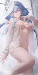Rule 34 | 1girl, absurdres, blue eyes, blue hair, blue nails, blue veil, breasts, collarbone, collared shirt, colored eyelashes, commentary, convenient leg, cowboy shot, crossed bangs, free style (yohan1754), hair between eyes, hand up, highres, indoors, large breasts, long hair, long sleeves, looking at viewer, nail polish, navel, open clothes, open shirt, parted lips, purple eyes, see-through clothes, see-through shirt, shirt, sidelocks, solo, standing, steam, stomach, shorekeeper (wuthering waves), thighs, tile wall, tiles, two-tone veil, veil, wet, wet clothes, wet shirt, white shirt, white veil, wuthering waves