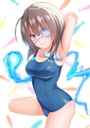 Rule 34 | 1girl, asaba touka, blue fire, blue one-piece swimsuit, breasts, brown hair, competition school swimsuit, covered navel, eyepatch, fire, heaven burns red, highres, hiiragi kozue, medium hair, name tag, old school swimsuit, one-piece swimsuit, one eye covered, purple eyes, school swimsuit, solo, swimsuit