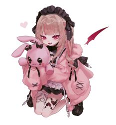 Rule 34 | 1girl, animal hood, black dress, black headdress, black ribbon, black shoes, blunt bangs, blush, chain, chest harness, collared dress, colored inner hair, demon wings, detached wings, dress, drill hair, fangs, frilled jacket, frilled shirt collar, frills, full body, grey hair, hair intakes, harness, heart, heart o-ring, highres, hood, hood down, hooded jacket, hugging doll, hugging object, jacket, kneeling, knees together feet apart, leg tattoo, long hair, looking at viewer, maid, maid headdress, makaino ririmu, makaino ririmu (5th costume), multicolored hair, nijisanji, o-ring, o-ring thigh strap, open clothes, open jacket, open mouth, pink hair, pink jacket, platform shoes, pointy ears, rabbit hood, red eyes, red wings, ribbon, shoes, short dress, sidelocks, simple background, skin fangs, sleeves past fingers, sleeves past wrists, smile, solo, streaked hair, stuffed animal, stuffed rabbit, stuffed toy, tattoo, thigh strap, tk57 gnsn, two side up, virtual youtuber, white background, winged heart tattoo, wings