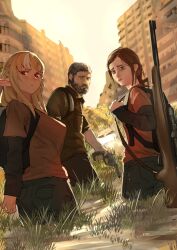 1boy backpack bag beard blonde_hair breasts brown_hair crossover dark-skinned_female dark_elf dark_skin elf ellie_(the_last_of_us) facial_hair green_eyes highres hololive joel_(the_last_of_us) large_breasts long_hair looking_at_viewer multicolored_hair multiple_girls pants pointy_ears ponytail post-apocalypse red_eyes shiranui_flare shirt short_hair sidelocks streaked_hair the_last_of_us the_last_of_us_(series) uzuradobin virtual_youtuber