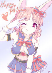 1girl animal_ears bare_shoulders breasts happy_birthday heart highres idol idol_clothes iris_mysteria! k_(nura-rikuo) kulcha_azte large_breasts midriff miniskirt navel one_eye_closed pink_hair rabbit_ears rabbit_girl red_eyes ribbon skirt smile tongue tongue_out
