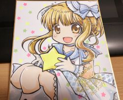 1girl :d blonde_hair blue_bow blue_dress blush bow brown_eyes comiket_98 commentary_request dress feet_out_of_frame fujii_ryou futaba_anzu gloves hat hat_bow idolmaster idolmaster_cinderella_girls looking_at_viewer open_mouth shikishi short_hair signature smile solo star_(symbol) striped_bow white_gloves white_hat