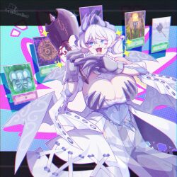1girl bare_shoulders blush_stickers breasts cleavage cowboy_shot dclaret demon_girl demon_horns demon_wings dress duel_monster fangs gameplay_mechanics gauntlets grey_eyes grey_hair grey_wings highres holding holding_weapon horns huge_breasts lovely_labrynth_of_the_silver_castle low_wings mage_power megamorph multiple_wings ojou-sama_pose open_mouth pointy_ears solo strapless strapless_dress thighhighs weapon white_thighhighs wings yu-gi-oh!