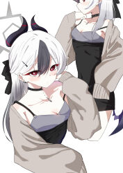 1girl absurdres black_choker black_dress black_hair black_horns blue_archive blush breasts brown_jacket choker cleavage collarbone commentary_request cropped_legs cropped_torso demon_horns dress ear_piercing gradient_hair hair_between_eyes halo hand_up highres horns jacket kayoko_(blue_archive) kayoko_(dress)_(blue_archive) long_hair long_sleeves looking_at_viewer multicolored_hair multiple_views official_alternate_costume official_alternate_hairstyle piercing simple_background single_wing sleeves_past_wrists small_breasts so-ko standing two-tone_hair white_background white_hair wings