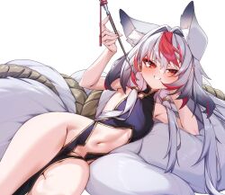 1girl animal_ear_fluff animal_ears bare_shoulders black_dress black_hair blush breasts clothing_cutout commentary_request dress fox_ears fox_girl fox_tail grey_hair grin highres holding holding_smoking_pipe kiseru large_tail long_hair looking_at_viewer lying lying_on_tail multicolored_hair navel ninsaki_(9saki) on_side original pelvic_curtain red_eyes red_hair rope simple_background small_breasts smile smoking_pipe solo stomach stomach_cutout streaked_hair tail white_background