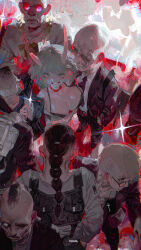 2girls 6+boys absurdres backpack bag breasts broken_horn commentary cross cross_necklace english_commentary from_above highres holding holding_phone horns jewelry large_breasts multiple_boys multiple_girls necklace necktie original phone red-tinted_eyewear seok98 tinted_eyewear white_hair