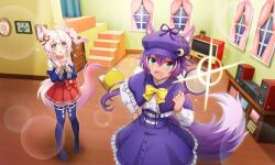 Rule 34 | + +, 2girls, :o, ahoge, animal ear fluff, animal ears, aqua eyes, artist request, bell, blue eyes, blue shirt, blue thighhighs, bow, bowtie, newsboy cap, capelet, cowboy shot, curtains, detached sleeves, detective, ears through headwear, excited, fang, fox ears, fox girl, fox tail, frilled capelet, frilled shirt, frilled skirt, frills, from above, hair bell, hair ornament, hand on own chest, hands up, hat, holding, holding magnifying glass, howan (show by rock!!), indoors, lens flare, long hair, looking at viewer, low ponytail, magnifying glass, multiple girls, neckerchief, no shoes, official alternate costume, official art, open mouth, pink hair, plant, ponytail, potted plant, purple capelet, purple hat, purple skirt, red skirt, ruhuyu (show by rock!!), sailor collar, shirt, short hair, show by rock!!, side ponytail, skirt, sleeveless, sleeveless shirt, smile, sparkle, speaker, stairs, tail, television, thighhighs, third-party source, white shirt, window, wolf ears, wolf girl, wolf tail, yellow bow, yellow bowtie, yellow neckerchief