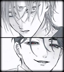 2boys absurdres alien_stage commentary_request greyscale highres ivan_(alien_stage) looking_at_another male_focus monochrome multiple_boys red_pupils short_hair smile spot_color sweat till_(alien_stage) z_(user_asha7224)