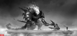 1other absurdres armor axe battle den_(denwhat) facing_another fire full_body gauntlets gradient_background highres holding holding_axe holding_sword holding_weapon monster riot_games shoulder_plates standing sword tail weapon