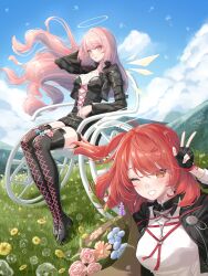 2girls ;d absurdres arknights black_boots black_gloves blue_flower blush boots bouquet closed_mouth commentary day exusiai_(arknights) exusiai_the_new_covenant_(arknights) fingerless_gloves flower gloves grass grin halo highres lace-up_boots lemuen_(arknights) long_hair looking_at_viewer medium_hair multiple_girls nanaya_journey one_eye_closed open_mouth outdoors pink_eyes pink_flower pink_hair plant red_hair siblings sisters smile thigh_boots traditional_halo very_long_hair w wheelchair white_flower white_halo wind yellow_eyes yellow_flower yellow_halo