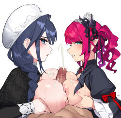 1boy 2girls black_dress blue_eyes blue_hair braid breasts breasts_out breasts_squeezed_together brooch clothed_female_nude_male commentary cooperative_paizuri cum cum_on_body cum_on_breasts cum_on_upper_body dasdokter dress drill_hair ejaculation embroidery empty_eyes english_commentary fanged_bangs ffm_threesome frilled_hat frilled_sleeves frills group_sex hair_intakes hair_over_shoulder hat hetero highres hololive hololive_english horns irys_(hololive) irys_(maid)_(hololive) jewelry juliet_sleeves large_breasts long_hair long_sleeves looking_at_viewer low_twin_braids maid mob_cap multiple_girls nail_polish navel nipples nude official_alternate_costume official_alternate_hairstyle open_mouth ouro_kronii ouro_kronii_(maid) paizuri penis pink_nails pointy_ears pov puffy_sleeves purple_hair short_hair sleeve_cuffs teamwork_(sexual) threesome twin_braids twin_drills twintails uncensored victorian_maid white_background white_hat wide_sleeves