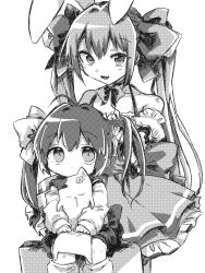 2girls absurdres animal animal_ears cat closed_mouth di_gi_charat dress drooling greyscale hair_between_eyes hair_ribbon highres hokke_mirin holding holding_animal holding_cat long_hair monochrome mouth_drool multiple_girls open_mouth puchiko rabbit_ears ribbon sitting twintails tying_another&#039;s_hair usada_hikaru wadante
