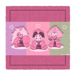 &gt;_o 1boy 2girls amethyst_(steven_universe) black_eyes border chibi chibi_only curly_hair dated drop_shadow flower_pot hair_over_one_eye haori heart holding holding_flower_pot japanese_clothes karin_(100100) monochrome multiple_girls no_nose one_eye_closed open_mouth peridot_(steven_universe) pink_theme signature steven_quartz_universe steven_universe teeth white_border