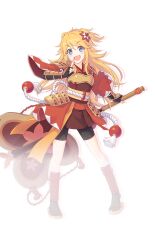 Rule 34 | 1girl, arm guards, armor, bandaged leg, bandages, bike shorts, black gloves, black shorts, black socks, blonde hair, blue eyes, blush, breastplate, drop shadow, fingerless gloves, full body, gloves, gold armor, hair ornament, holding, japanese clothes, kimono, long hair, looking at viewer, ninon (princess connect!), official art, open mouth, princess connect!, raised eyebrows, red kimono, rope, sandals, shimenawa, shorts, shoulder armor, simple background, smile, socks, solo, standing, tachi-e, transparent background, two side up, v-shaped eyebrows, wide sleeves