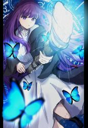 Rule 34 | 1girl, absurdres, artist name, black coat, black dress, bright pupils, bug, butterfly, coat, collared dress, commentary request, dress, expressionless, fern (sousou no frieren), floating hair, foot out of frame, highres, holding, holding staff, insect, long dress, long hair, long sidelocks, looking at object, mage staff, magic, magic circle, mint moon (user fxus4288), open clothes, open coat, parted lips, purple eyes, purple hair, sidelocks, solo, sousou no frieren, staff, very long hair, white pupils