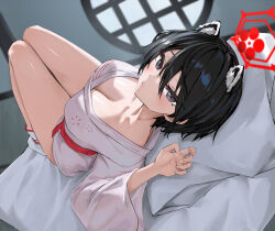 1girl animal_ear_fluff animal_ears black_eyes black_hair blue_archive blush breasts cleavage commentary derere extra_ears hair_between_eyes halo head_on_pillow highres indoors japanese_clothes kimono knees_up large_breasts long_hair looking_at_viewer lying on_back pillow raccoon_ears raccoon_girl red_halo socks solo thighs tsubaki_(blue_archive) upside-down white_kimono white_socks