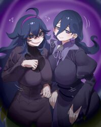 2girls @_@ absurdres ahoge black_hair bodice breasts closed_mouth commentary dress earrings english_commentary flying_sweatdrops hair_between_eyes hairband hex_maniac_(pokemon) hex_maniac_(pokemon_legends:_z-a) highres jewelry juliet_sleeves large_breasts long_hair long_sleeves looking_at_viewer medium_breasts multiple_girls nia_(nia4294) nintendo open_mouth pokemon pokemon_legends:_z-a pokemon_xy puffy_sleeves purple_dress purple_hairband smile symbol-shaped_pupils very_long_hair