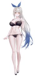 1girl bare_arms bare_legs bare_shoulders black_bra black_panties blue_hair bra breasts cameltoe cleavage closed_mouth elf flats full_body fymrie gluteal_fold gradient_hair hair_ribbon hand_up highres lace lace-trimmed_bra lace_trim large_breasts lingerie long_hair looking_at_viewer multicolored_hair navel original panties pointy_ears ribbon side-tie_panties simple_background skindentation smile solo spaghetti_strap standing stomach strap_gap string_panties thighs two-tone_hair underwear underwear_only very_long_hair white_background white_hair yellow_eyes